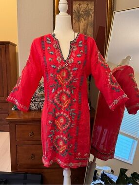 Johnny Was Red Embroidered Tunic Dress M NWT
